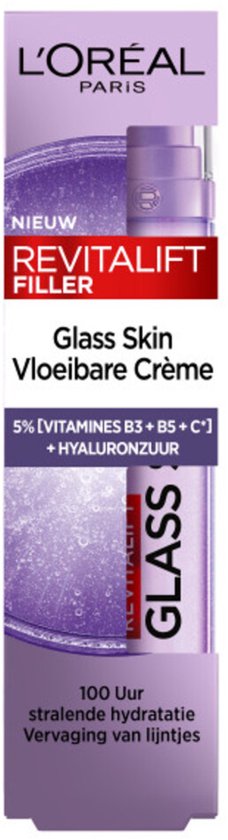 L'Oréal Revitalift Filler Vloeibare Crème verpakking met glinsterend paars design en tekst "Nieuw" en "Glass Skin".