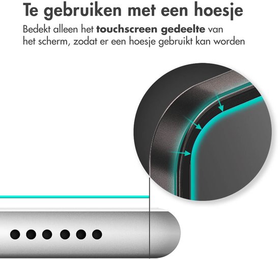 Détail d'un téléphone avec un protecteur d'écran couvrant uniquement l'écran tactile. Texte : Peut être utilisé avec une coque.