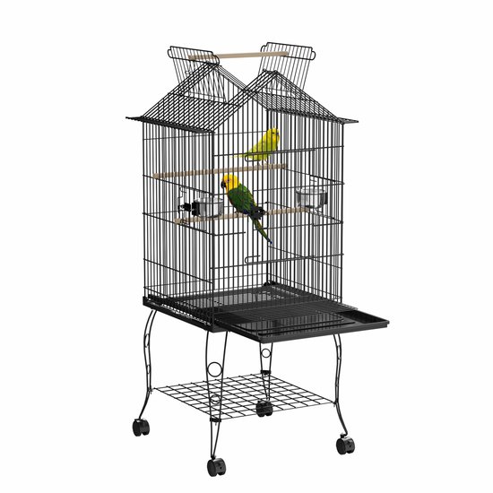 Grande volière sur roues – Cage à oiseaux 145 cm de haut avec support, tiroir amovible et mangeoires, convient aux perroquets et perruches