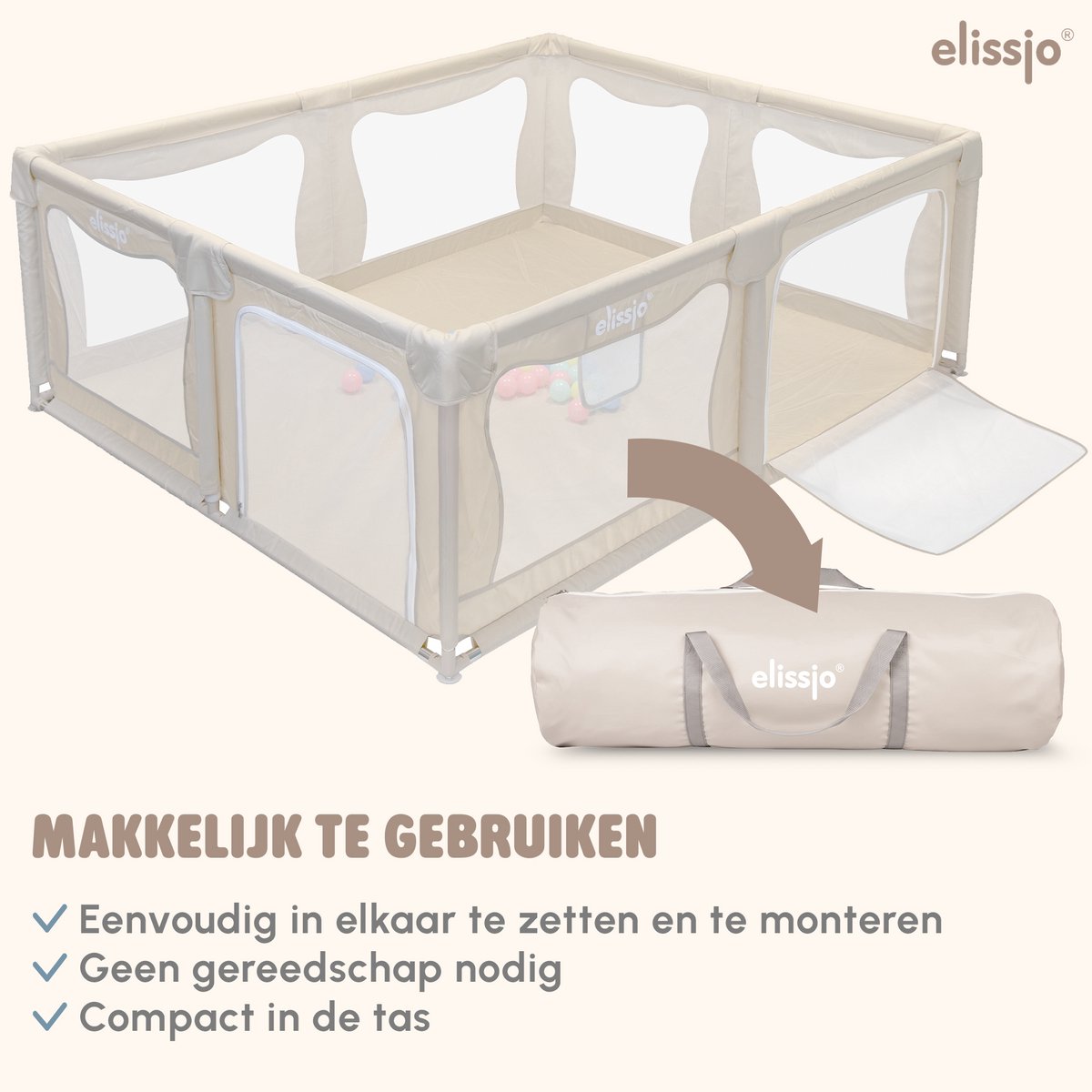 Elissio® - Grondbox Baby – Inclusief Dubbelzijdige Speelmat – Baby Speelbox met 50x Speelballen - Kinderbox - Playpen - 180x150 CM - Beige – foto 5