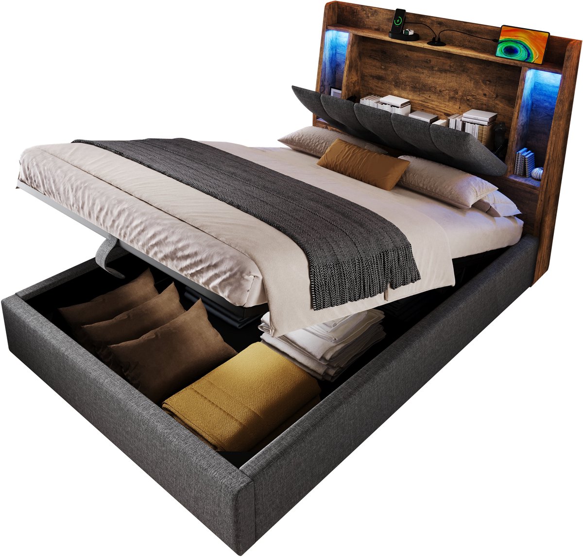 Merax Gestoffeerd Bed 90x200 - Grijs - Flip-Top Opbergvak In Hoofdbord - Hydraulische Opbergruimte - LED Verlichting Met Afstandsbediening - USB En Type-C - Inclusief Houten Lattenbodem