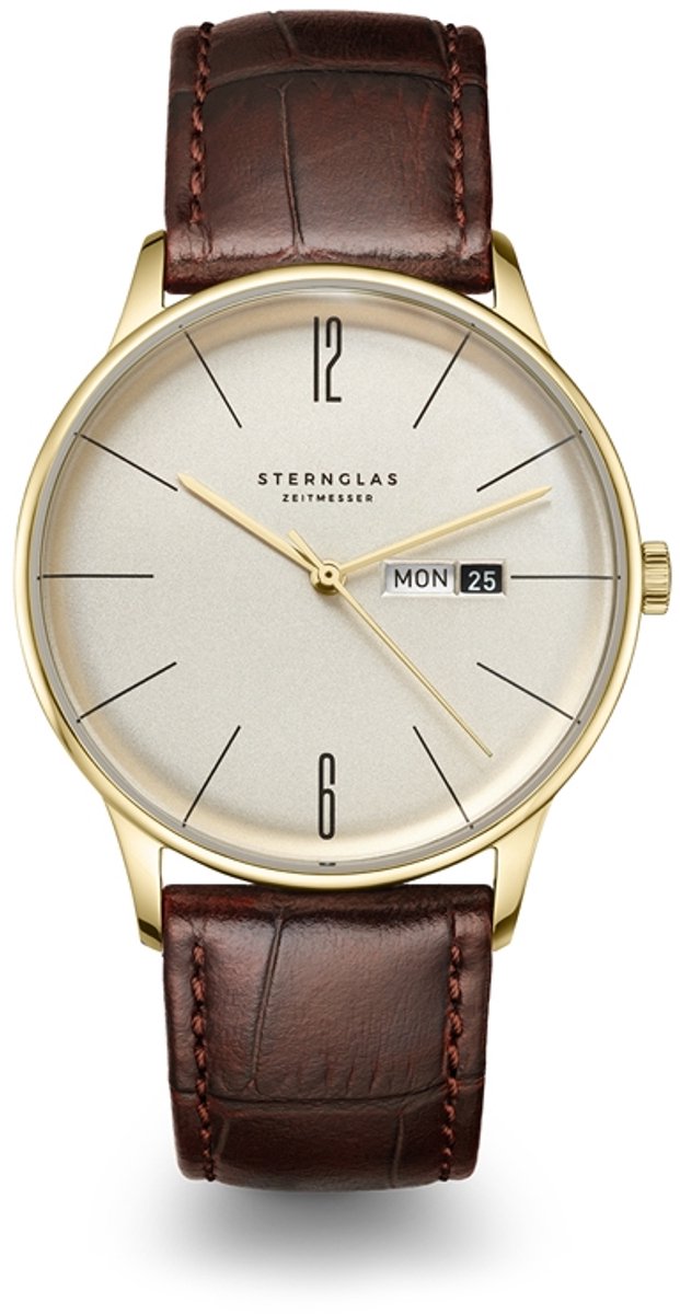 Sternglas S01-BE14-HE01 BERLIN Heren Horloge - Saffierglas - Staal-Leer - Bruin-Goudkleurig - Ø 38 mm - Quartz - Gesp - 5 ATM (douchen)