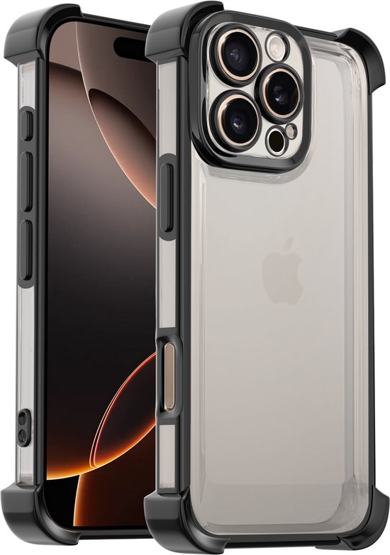 Transparante telefoonhoes met zwarte verstevigde hoeken, gemonteerd op een iPhone.