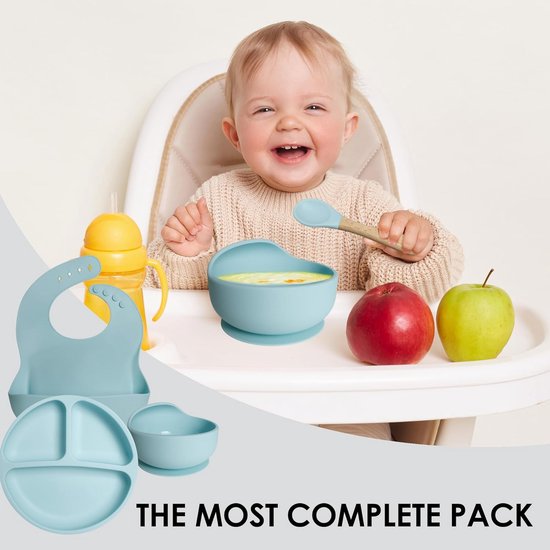 GOODEVN 8-Delig Baby Servies Set (Siliconen) - Bord met Zuignap + Drinkbeker + Slab + Bestek - Vaatwasser- & Ovenbestendig - BPA-Vrij - Hemelblauw van GOODEVN — afbeelding 4