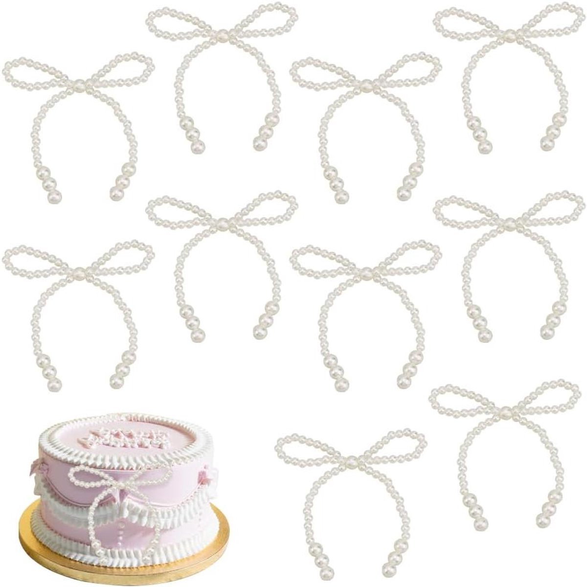 Parelboog Taarttoppers - Parelkralen - Coquette strikken - Cupcake Decoraties - Topper voor Bruiloften - Bruilk - Geschikt voor Taarten - Wit - 10 Stuks - Verjaardag - Bruiloft - Valentijnsfeest