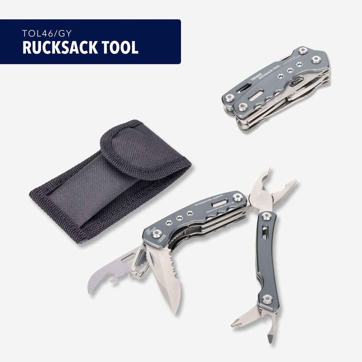 Troika Multifunctioneel gereedschap "RUCKSACK TOOL Multifunctionele rugzaktool met 15 functies punttang, zijsnijtang, mes, zaag, platte schroevendraaier, blikopener, vijl, karabijnhaak, flesopener, inbussleutel. roestvrij staal/aluminium, matgrijs.