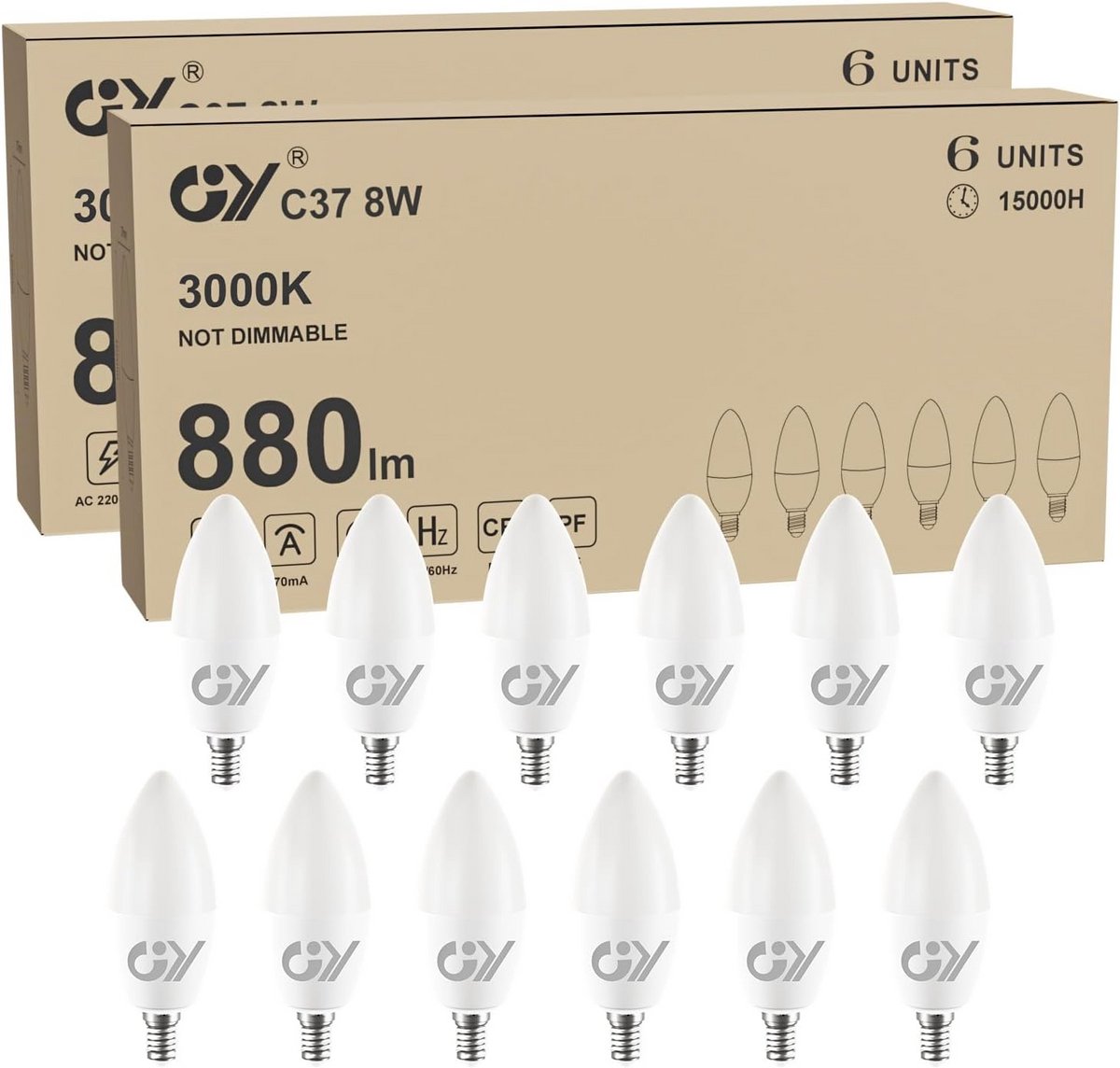 E14 LED Lamp 8W Warm Wit 880 Lumen, 3000K, C37 Vorm, Energy Efficient, Pack van 12
