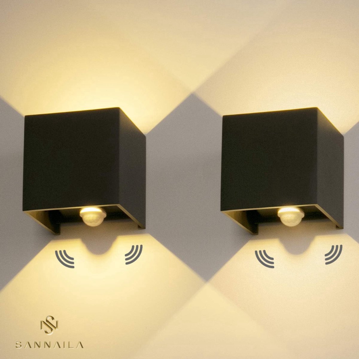 Sannaila LED Wandlamp met Bewegingssensor - 2 stuks – Buitenlamp IP65 – Warm Wit Licht – 6W – Instelbare Lichtbundel – Zwart