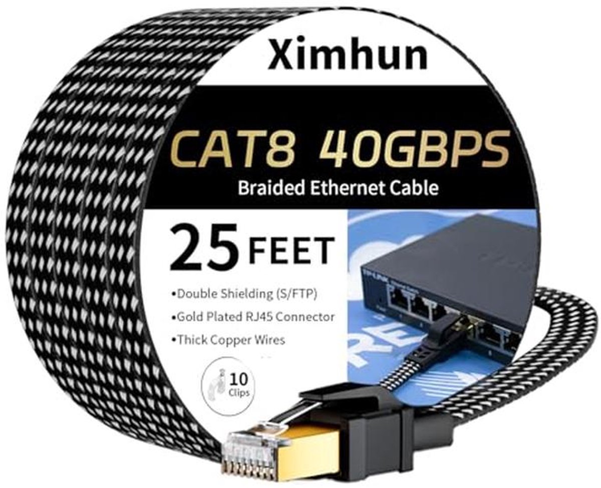 Cat 8 Ethernet Kabel 25 FT - Hoogwaardige Gevlochten Internetkabel met RJ45 Connector, 40 Gbps, 2000 Mhz, Afgeschermd