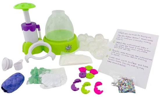 Alle onderdelen van de Doctor Squish Squishy Maker set, inclusief machine, glitter en instructies.