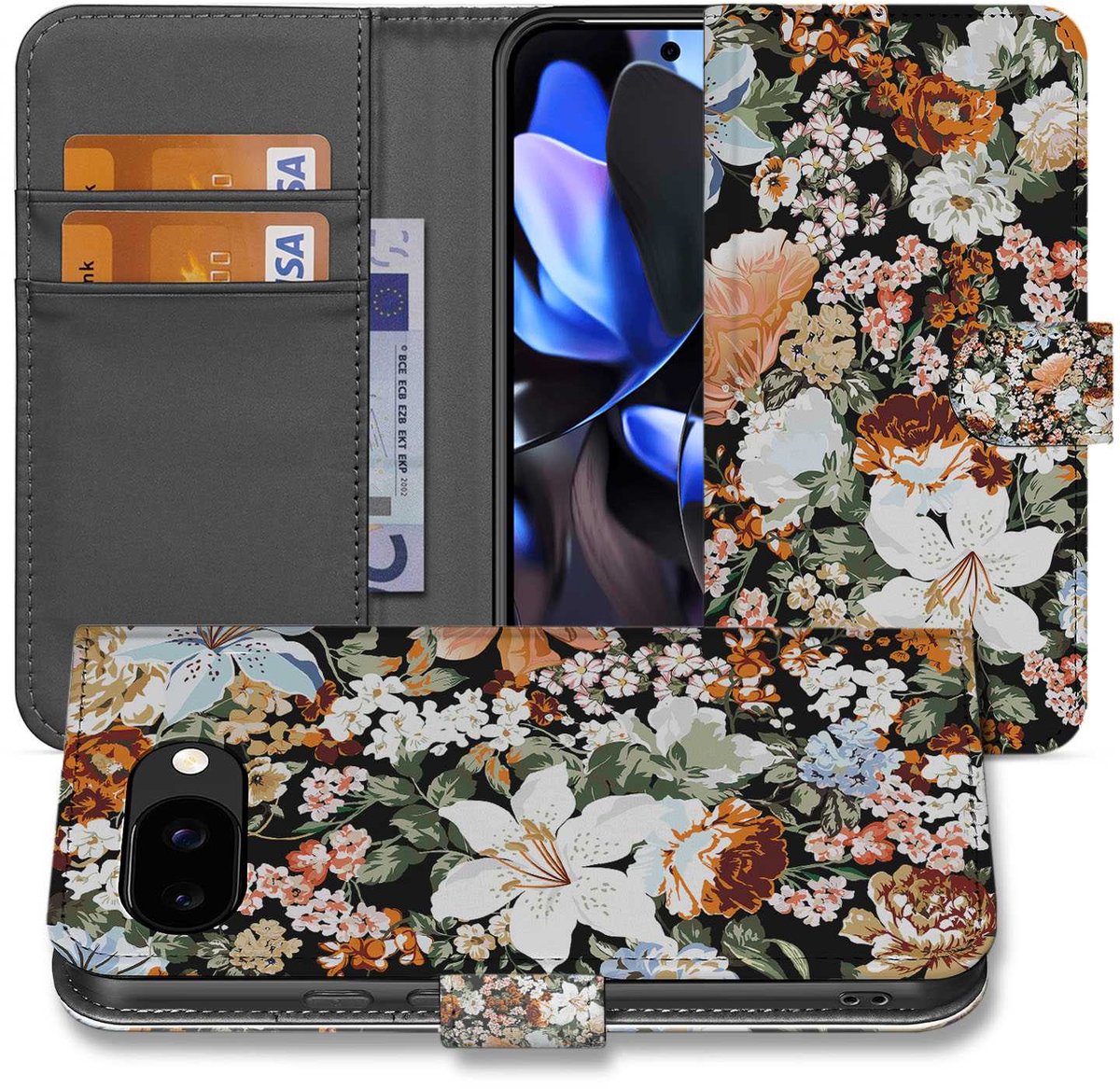 Dark Flowers Portemonnee Hoesje Google Pixel 9a Book Case