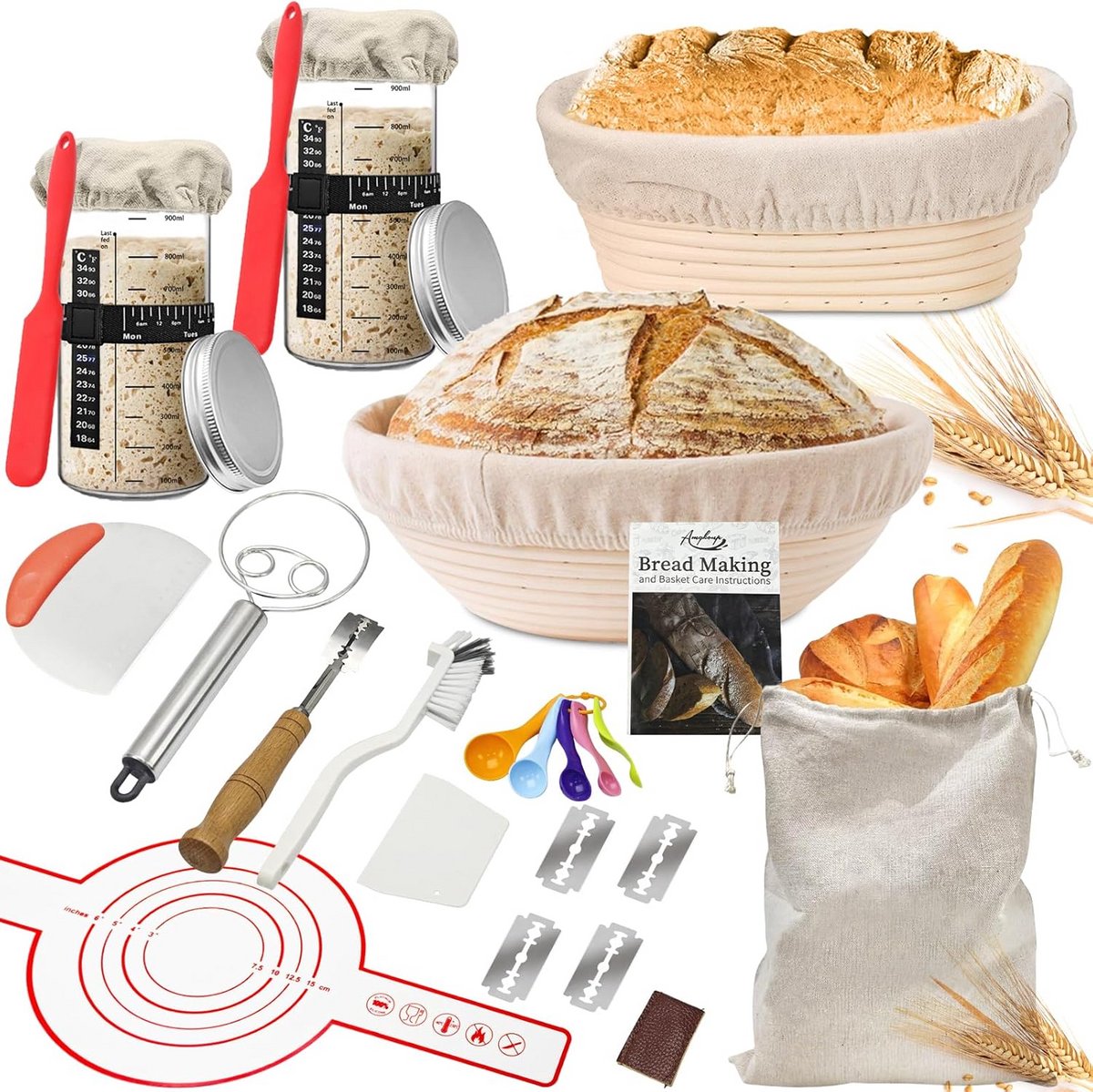 Zuurdesem Starterset met Ronde en Ovale Broodmand - Compleet Bakpakket voor Beginners
