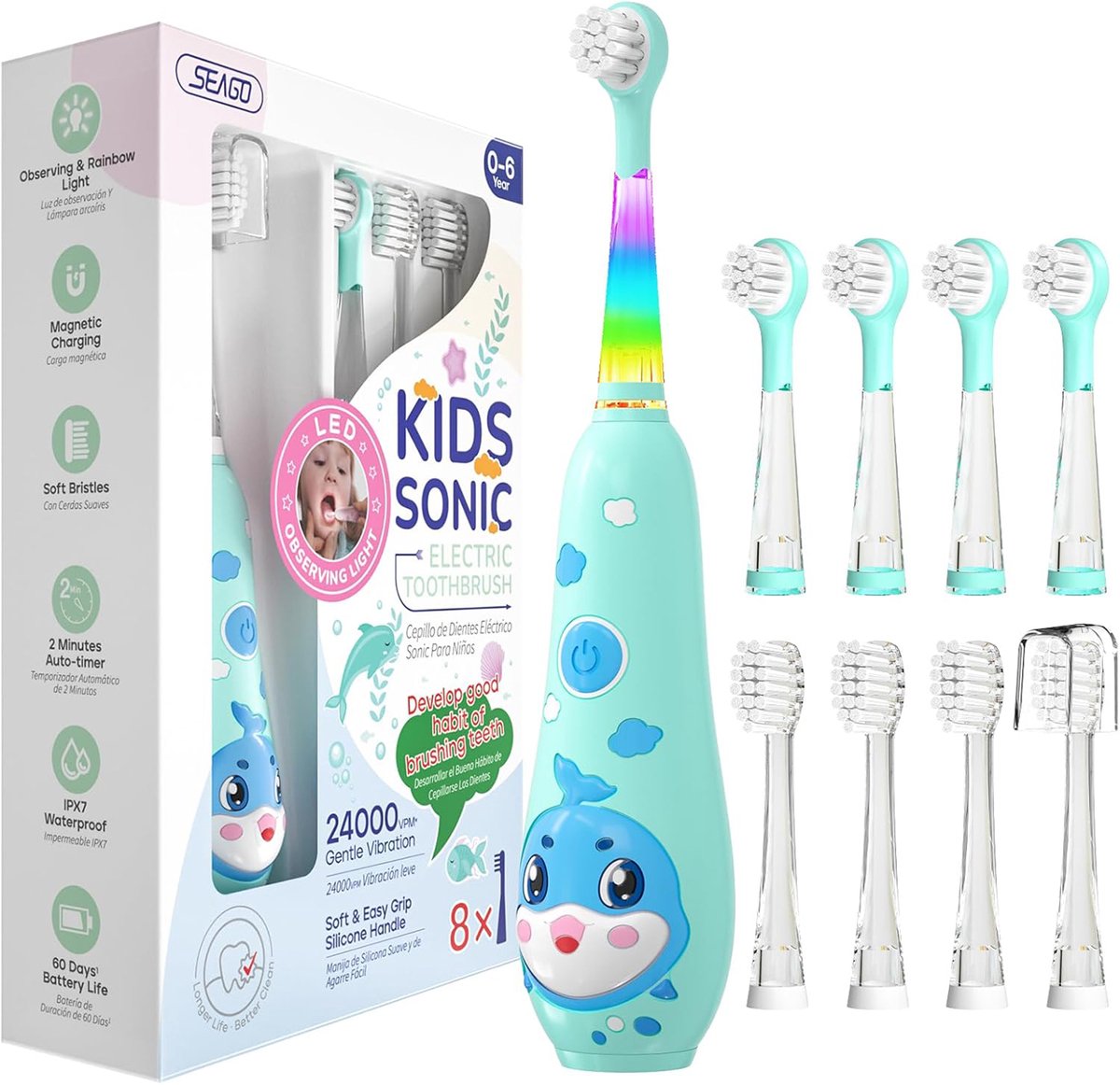 Seago® elektrische baby- en peutertandenborstel | 8 opzetborstels | Zachte borstelharen | 0–6 jaar