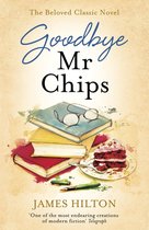 Boekomslag van 'Goodbye Mr Chips' met een stapel boeken, een bril, een pen en een stuk taart.