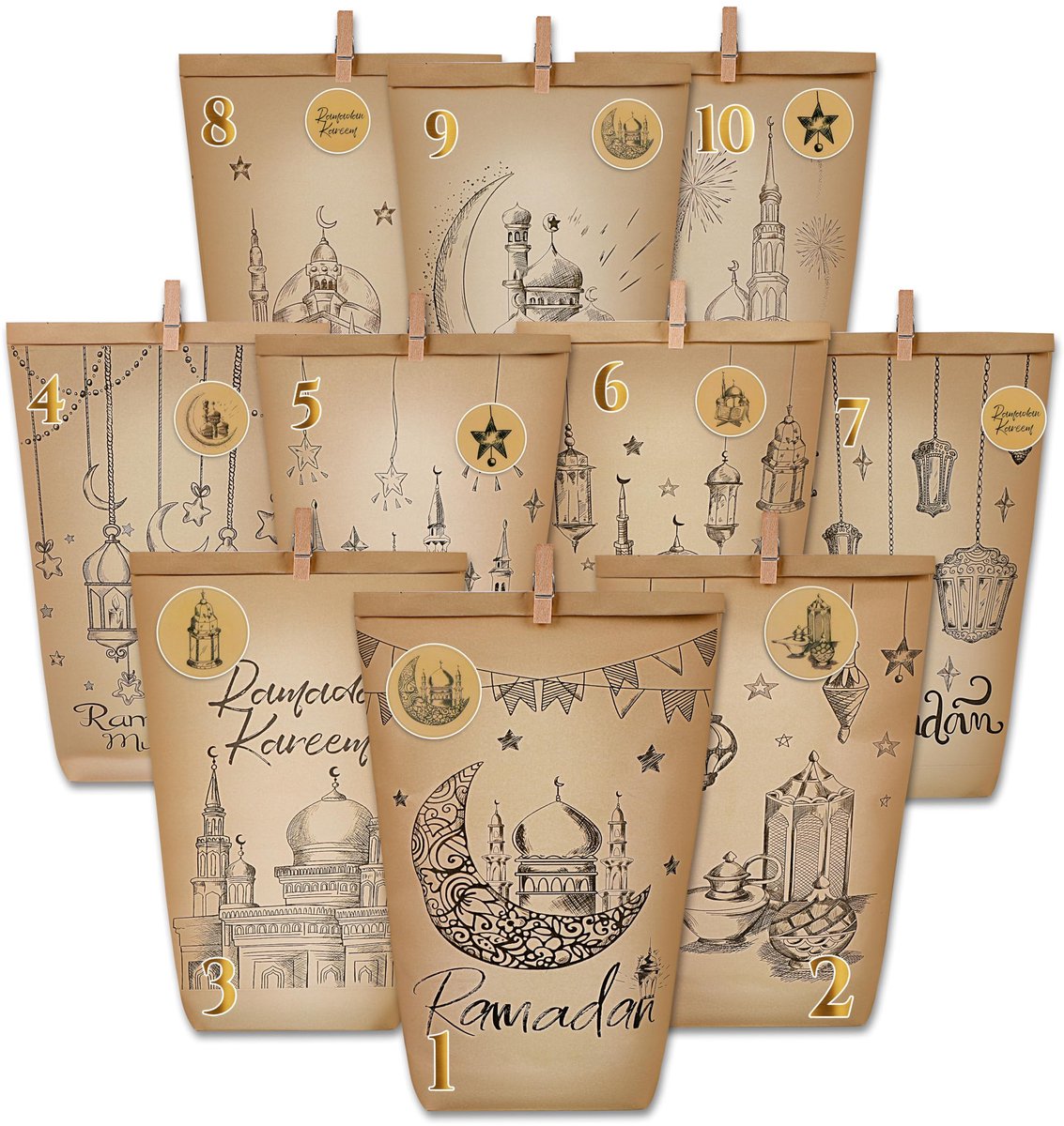 Ramadan adventskalender, 30 stuks Ramadan kalender kinderen Ramadan Countdown Ramadan geschenkzakken zoete zakjes Eid gunstzakjes met 1-30 cijfers stickers, clips, touw voor Ramadan decoraties