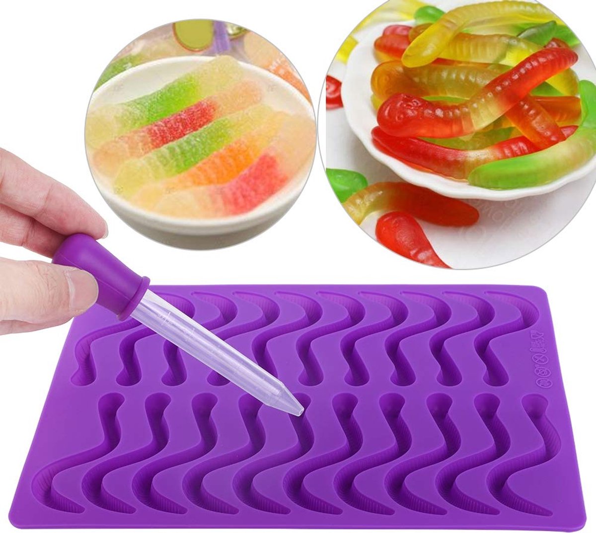 Gummy 20 vakken Gummy Aardworm Kleine Snake Silicone voor Chocolade Snoep Gummy Cake met Dropper Paars