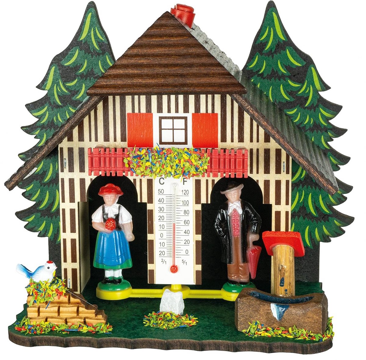 Houten Weerhuisje met Figuren en Thermometer - Weersvoorspeller