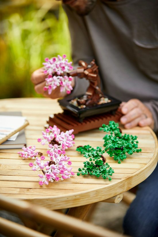 Een man houdt roze bloesemtakken van een LEGO Bonsaiboompje vast.