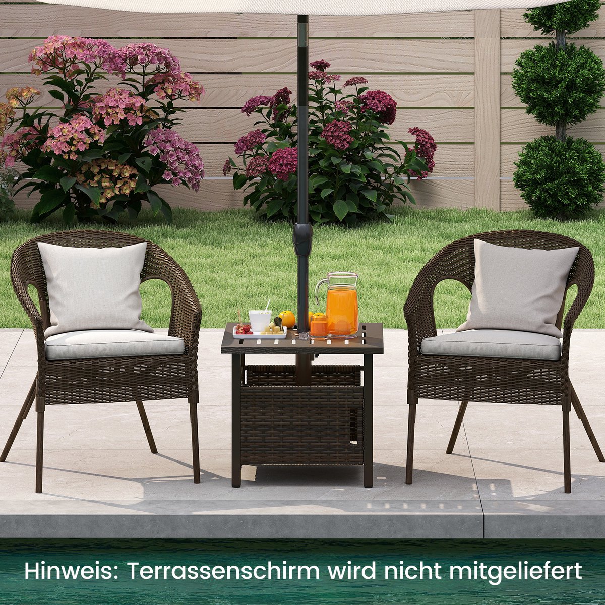 COSTWAY Bijzettafel voor buiten, weerbestendig, rotan tuintafel met paraplugat, kleine balkontafel, koffietafel voor tuin, balkon, terras, 55,5 x 55,5 x 47,5 cm thumbnail 4