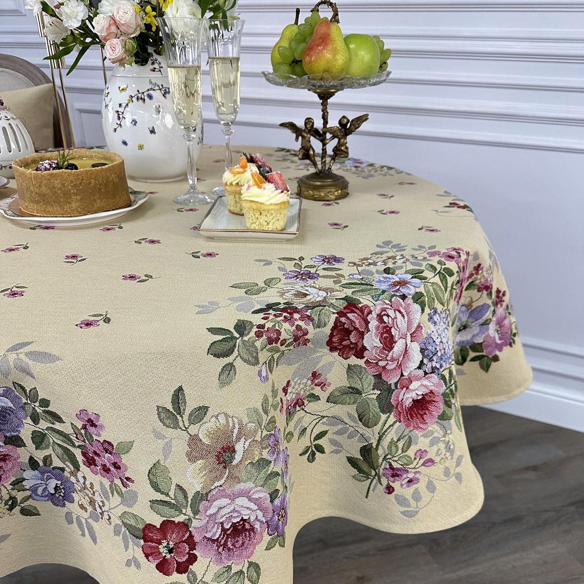 Rond Tafelkleed Jacquard Bloemen Geel - Duurzaam Geweven 165 cm