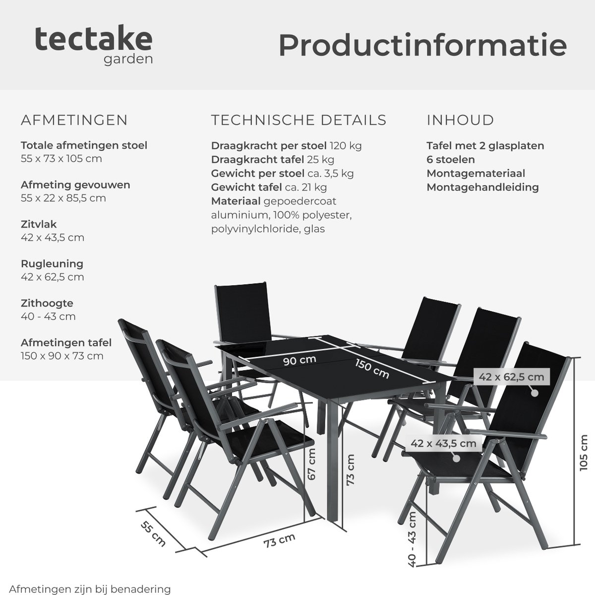 tectake® Tuinset - Tuintafel met Tuinstoelen - 6 Stoelen en 1 Tuintafel met Glazen Blad - Weerbestendige Tuinmeubelset voor het balkon of tuin - 6 Personen - Antraciet – foto 5