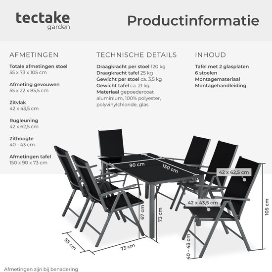 Afmetingen en technische details van de antracietkleurige tuinset met 6 stoelen en tafel.