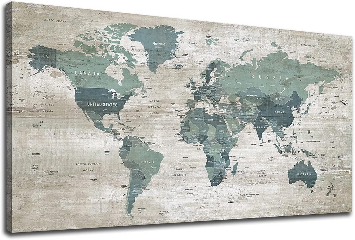 Wereldkaart Canvas Schilderij Teal & Grijs - XL Wanddecoratie voor Woonkamer en Kantoor