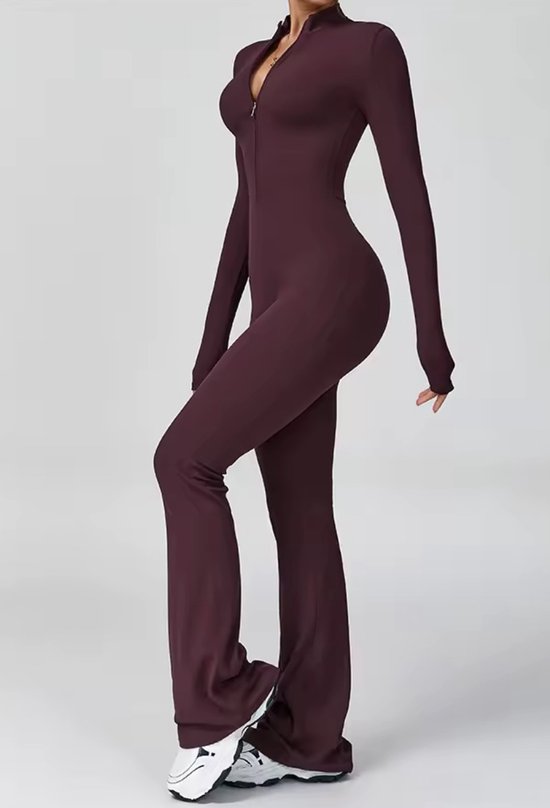 Volt Zip Flare Jumpsuit - Maat L - Burgundy - Ribbed Stretch Jumpsuit met Ritssluiting - Comfortabele Flare Fit - Bordeaux Rood - Seamless - Dames — afbeelding 2