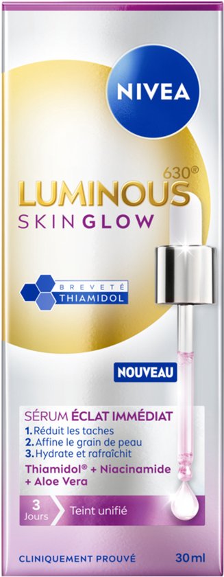Flesje NIVEA Luminous630 Instant Glow Serum met pipet, naast een gouden cirkel en de tekst 'Nouveau'.