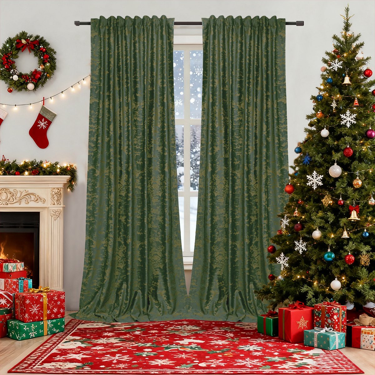 MUPOO Verduisterend Gordijn Kant en Klaar – 2 Stuks Fluweel Gordijnen, Warmte-Isolerend & Lichtblokkerend – Ideaal voor Woonkamer en Slaapkamer in de Winter – Met Gouden Print – Donkergroen 132 cm x 183 cm