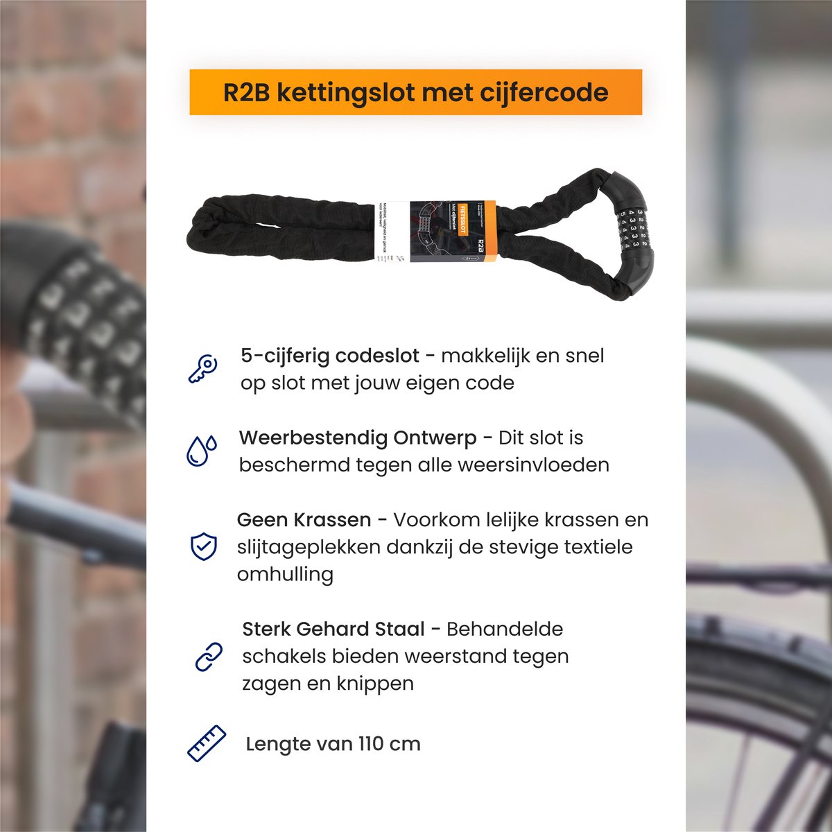 R2B Fietsslot met cijferslot - 110 cm - Kettingslot fiets - Fietssloten electrische fietsen - Fietsslot ketting - Bike Lock - Ketting Slot - Fiets Accessoires – foto 7