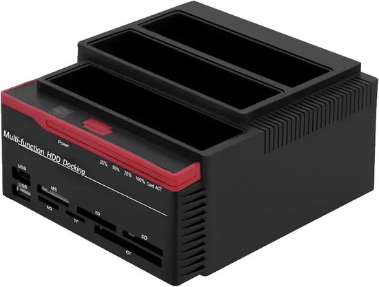 Zwarte HDD docking station met rode accenten en drie lege sleuven bovenop.