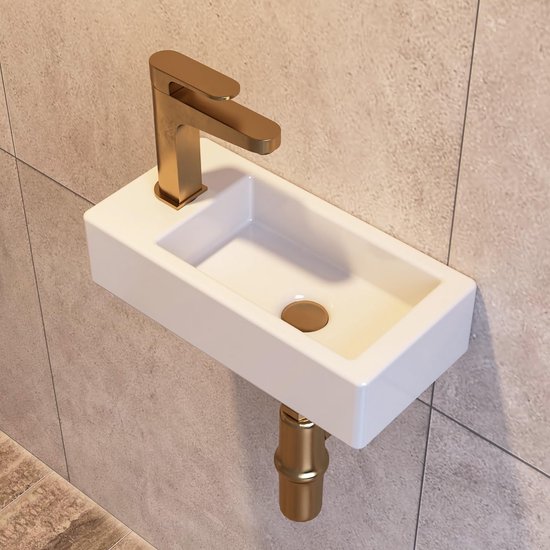 Wastafel Wandmontage Compacte Keramische Spoelbak Kleine Grootte Rechthoek Links Wastafel Glans Wit Eenvoudig en Elegant Ontwerp voor Moderne Badkamer Garderobe Toilet WC