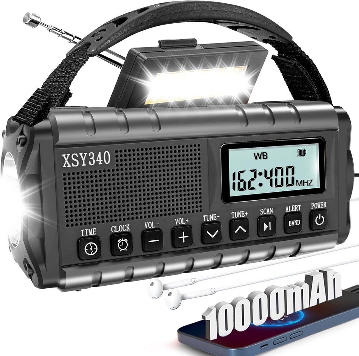 Noodradio met Handzwengel en Zonnepaneel, AM/FM, Zaklamp en Telefoonoplader