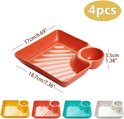 Vierkante serveerschaal in oranje met afmetingen van 17x18,7 cm en een 3,5 cm diep dipschaaltje, set van 4 stuks.