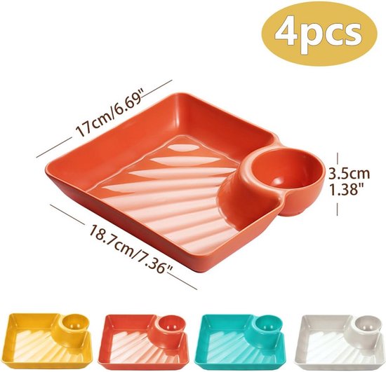Vierkante serveerschaal in oranje met afmetingen van 17x18,7 cm en een 3,5 cm diep dipschaaltje, set van 4 stuks.