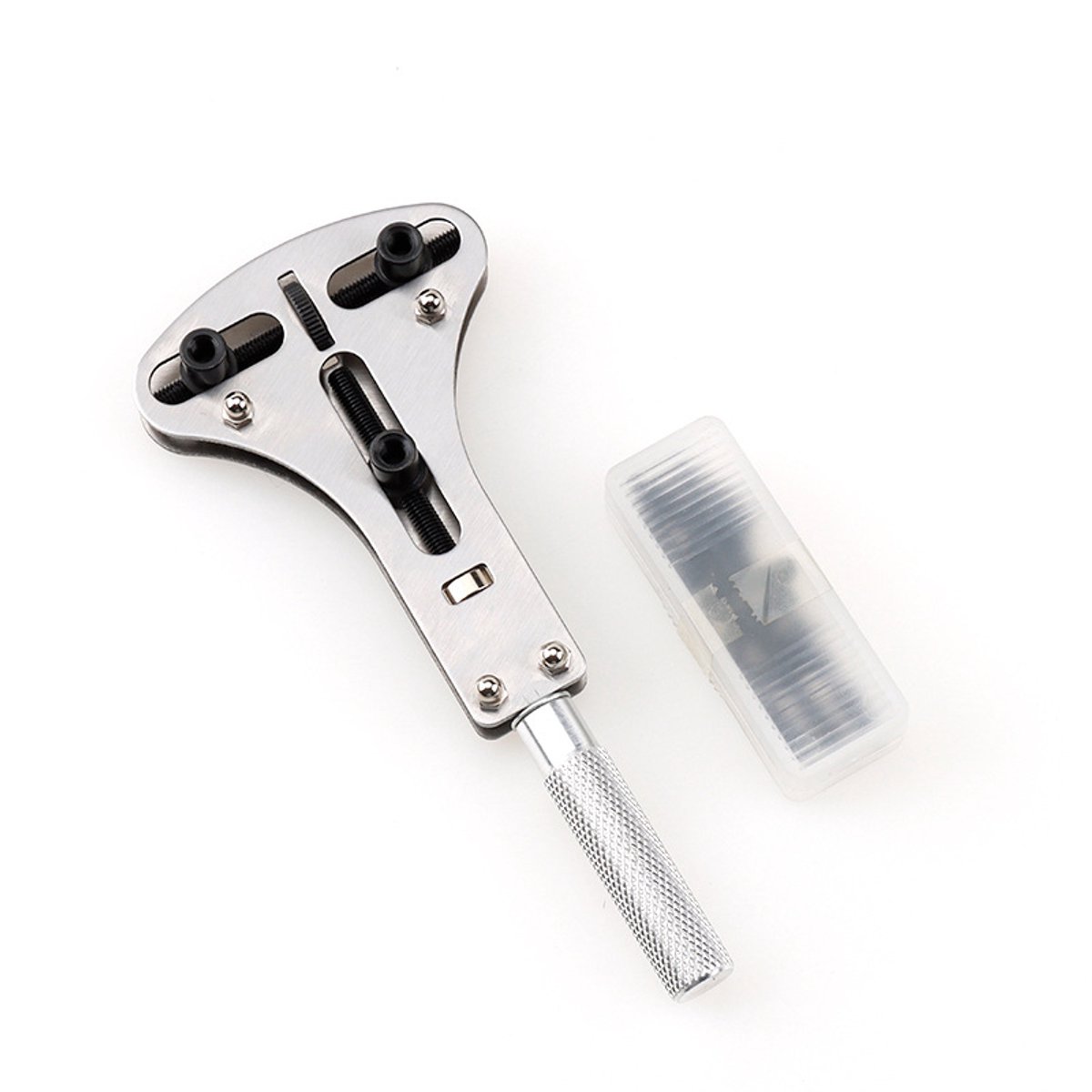 Horlogekast Opener - Horloge opener - Metaal - Horlogemakers Gereedschap - Horloge Gereedschap - Horloge Reparatie - Horloge achterkant opener sleutel - Met openingsschroeven - Voor diameters kleiner dan 55 mm - 16*7cm - Zilver