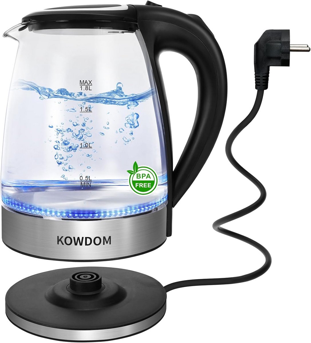 Glazen Waterkoker 1.8L met LED Verlichting en RVS Bodem - Zwart
