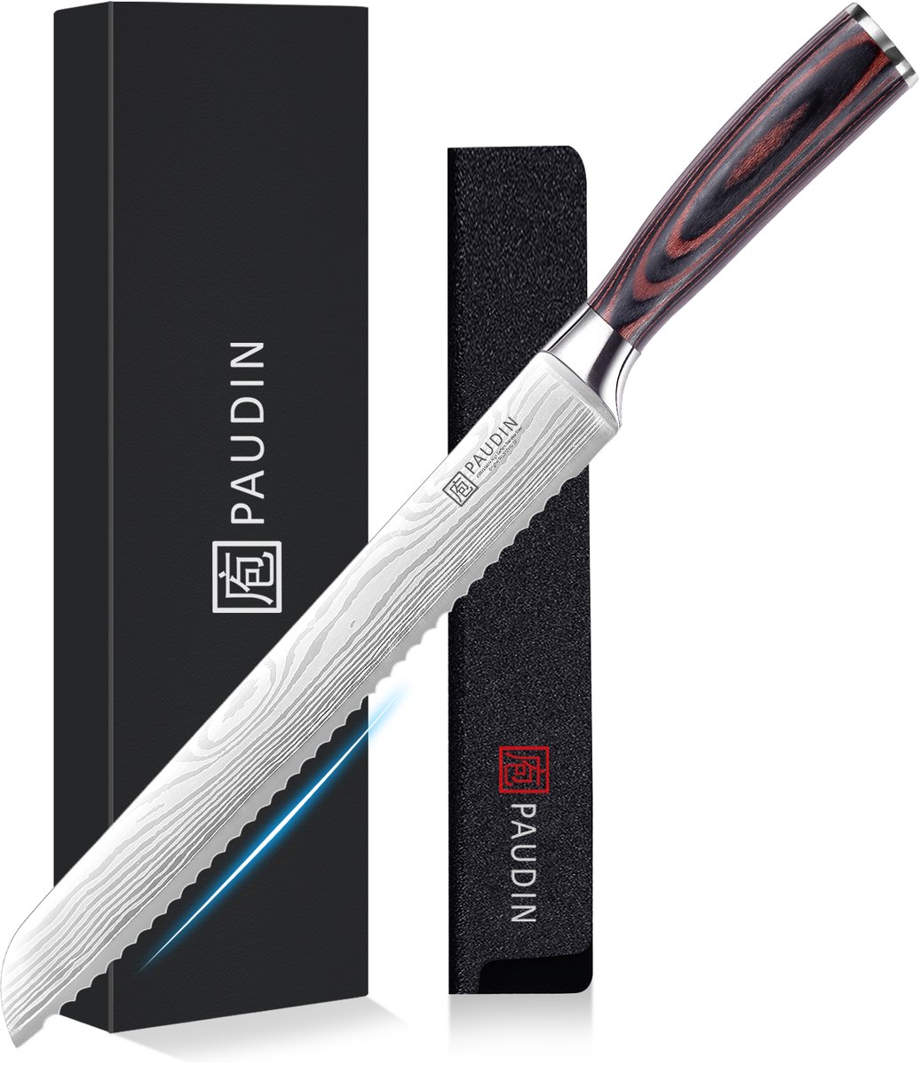 PAUDIN N14 - Broodmes - 25 cm Lemmet - Keukenmes met Damascus Patroon - Professioneel Broodmes Gekarteld - Inclusief Knifeguard