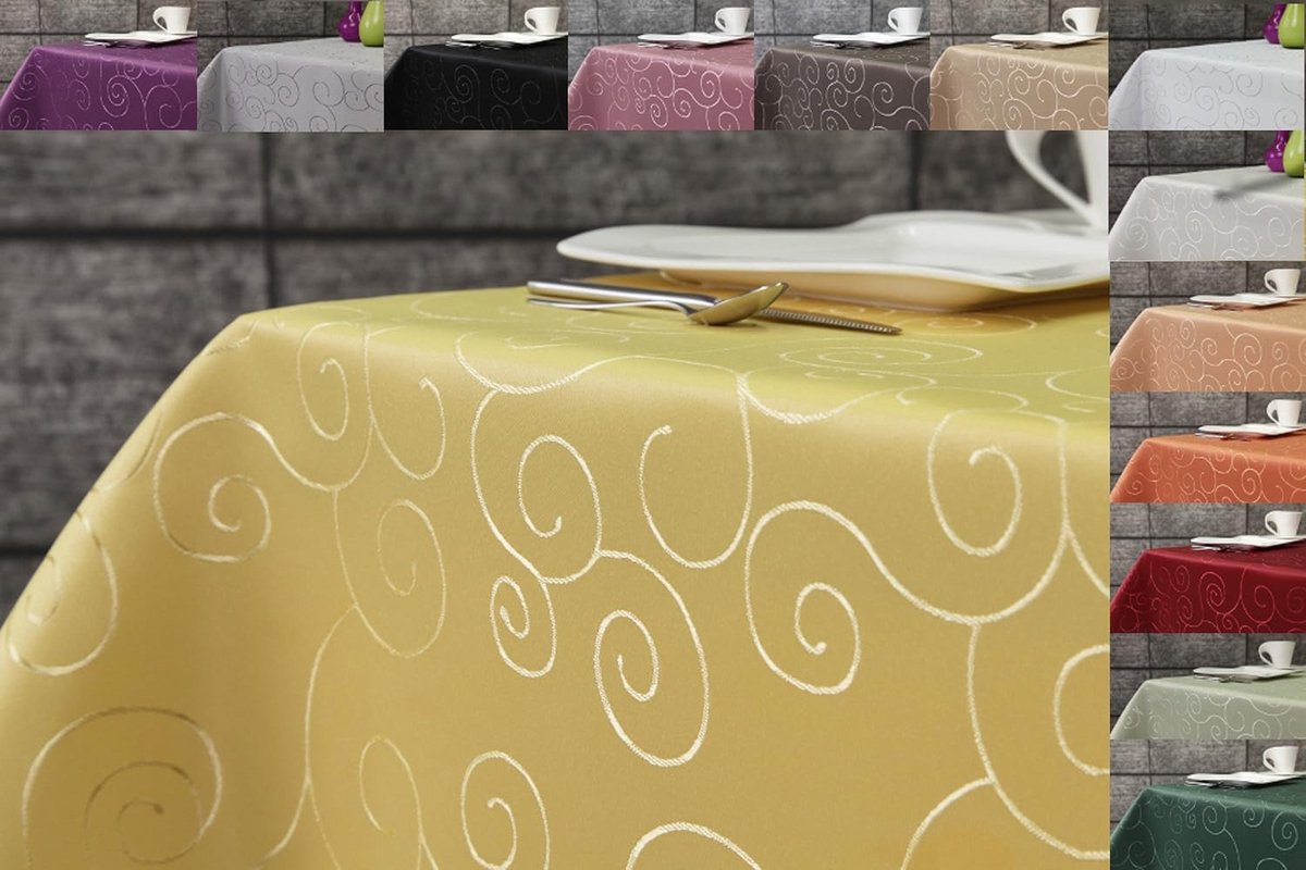 Damast tafelkleed met ornamenten, diverse kleuren en maten, polyester