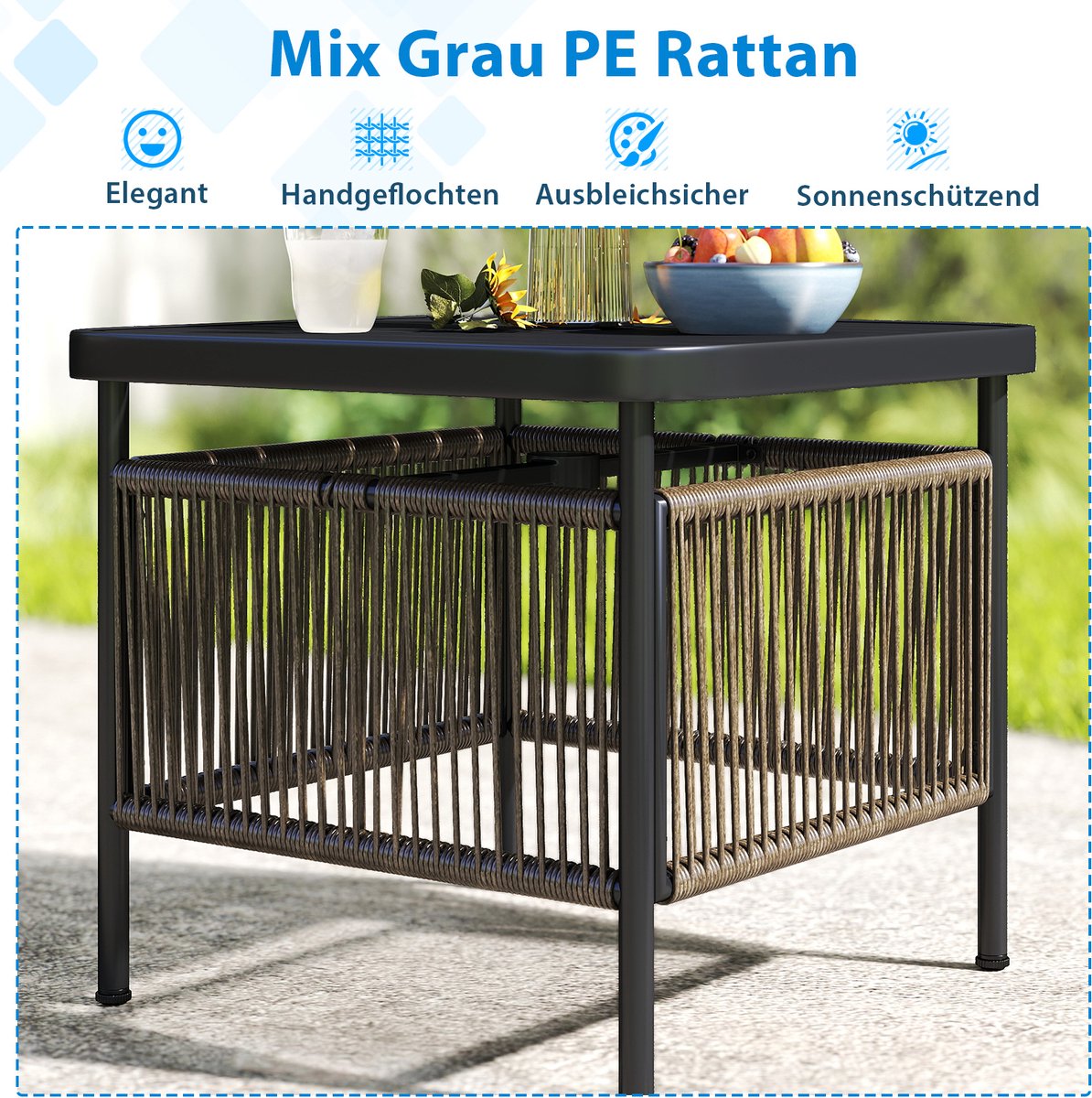 COSTWAY Bijzettafel voor buiten, weerbestendig, rotan tuintafel met paraplugat, kleine balkontafel, koffietafel voor tuin, balkon, terras, 56 x 56 x 49 cm thumbnail 3
