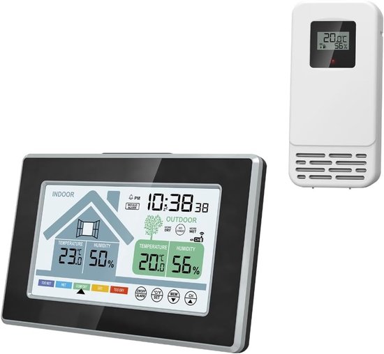 Draadloze weerstationthermometer voor binnen en buiten, met kleurendisplay, digitale thermometer, barometer, kalender, werkt op batterijen en heeft een instelbare achtergrondverlichting.