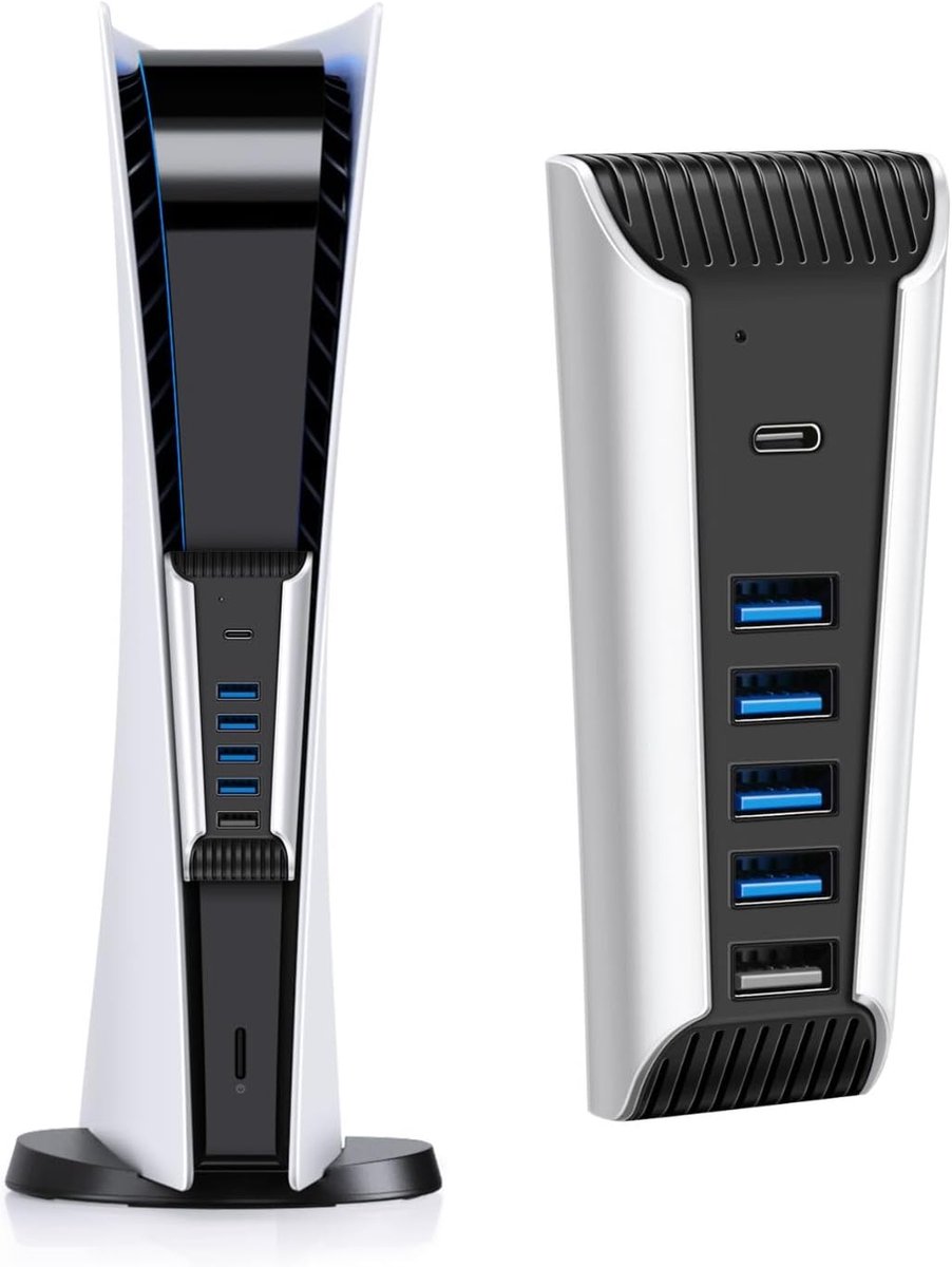 De USB-hub is een snelle USB-poortverlenger met vier USB 2.0-poorten, één USB 3.1-poort en één oplaadpoort. Hij is Geschikt voor PS5-accessoires en kan ook worden gebruikt USB-verlengadapter voor de PlayStation UHD en Digital Edition-consoles.
