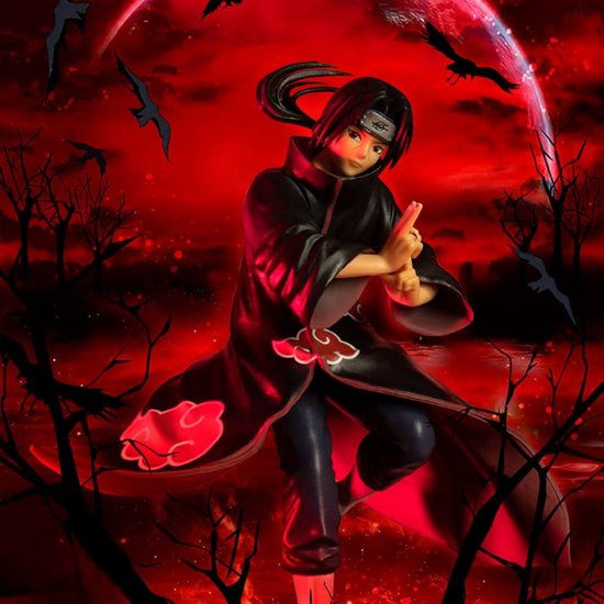 Itachi Uchiha actiefiguur in een duistere, rode setting met bomen en vogels, met volle maan.