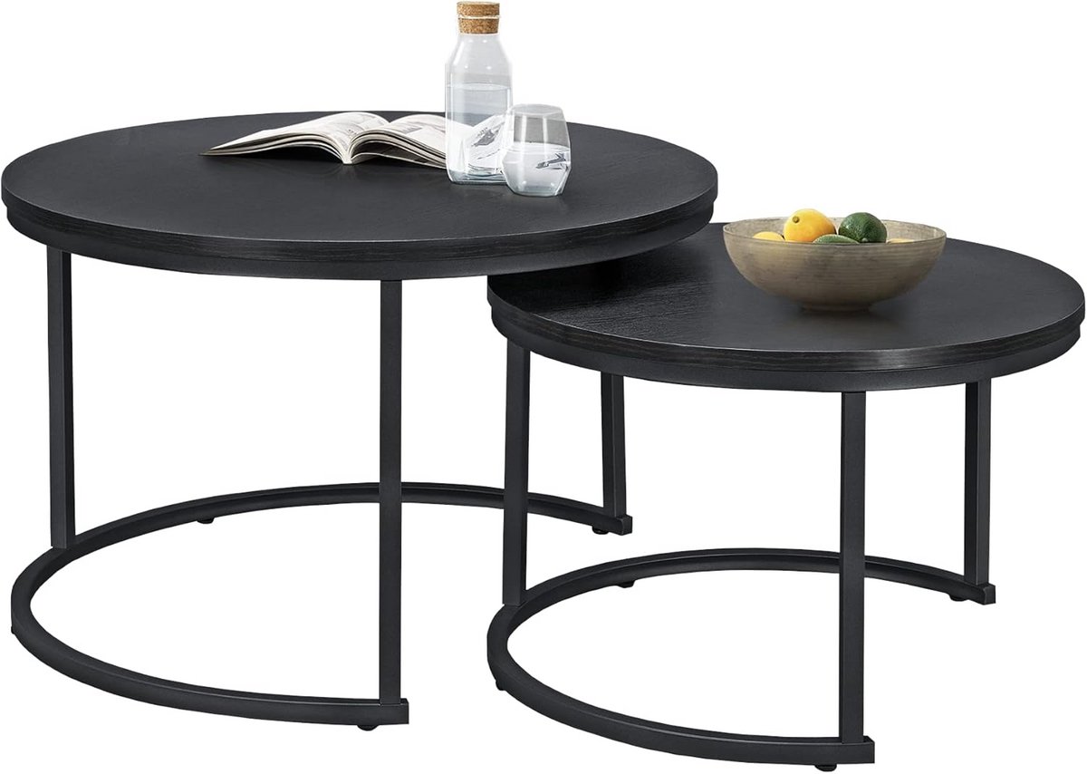 Set van 2 Ronde Salontafels met Zwart Metalen Frame - Nestende Bijzettafels