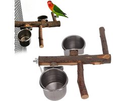 Stunq® Vogels voederbak 22 cm papegaaien houten standaard en roestvrijstalen bak, voederdispenser zitstokken combinaties vogelkooi feeder voor kleine middelgrote parkieten parkiet valkparkiet