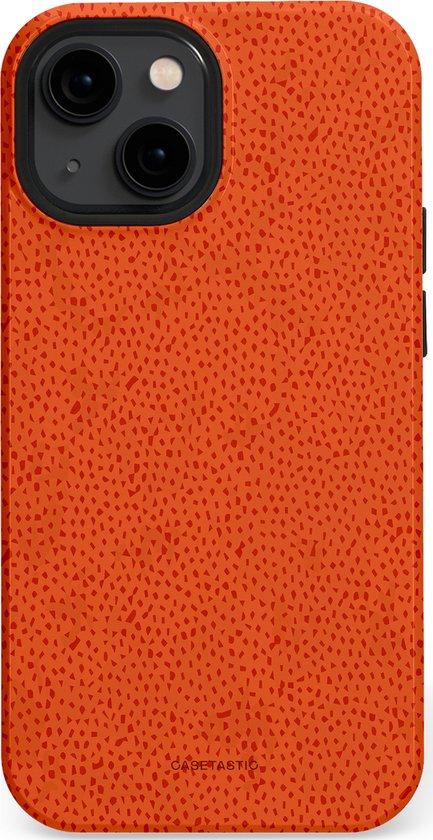 Oranje telefoonhoesje met rode stippen en Casetastic logo.