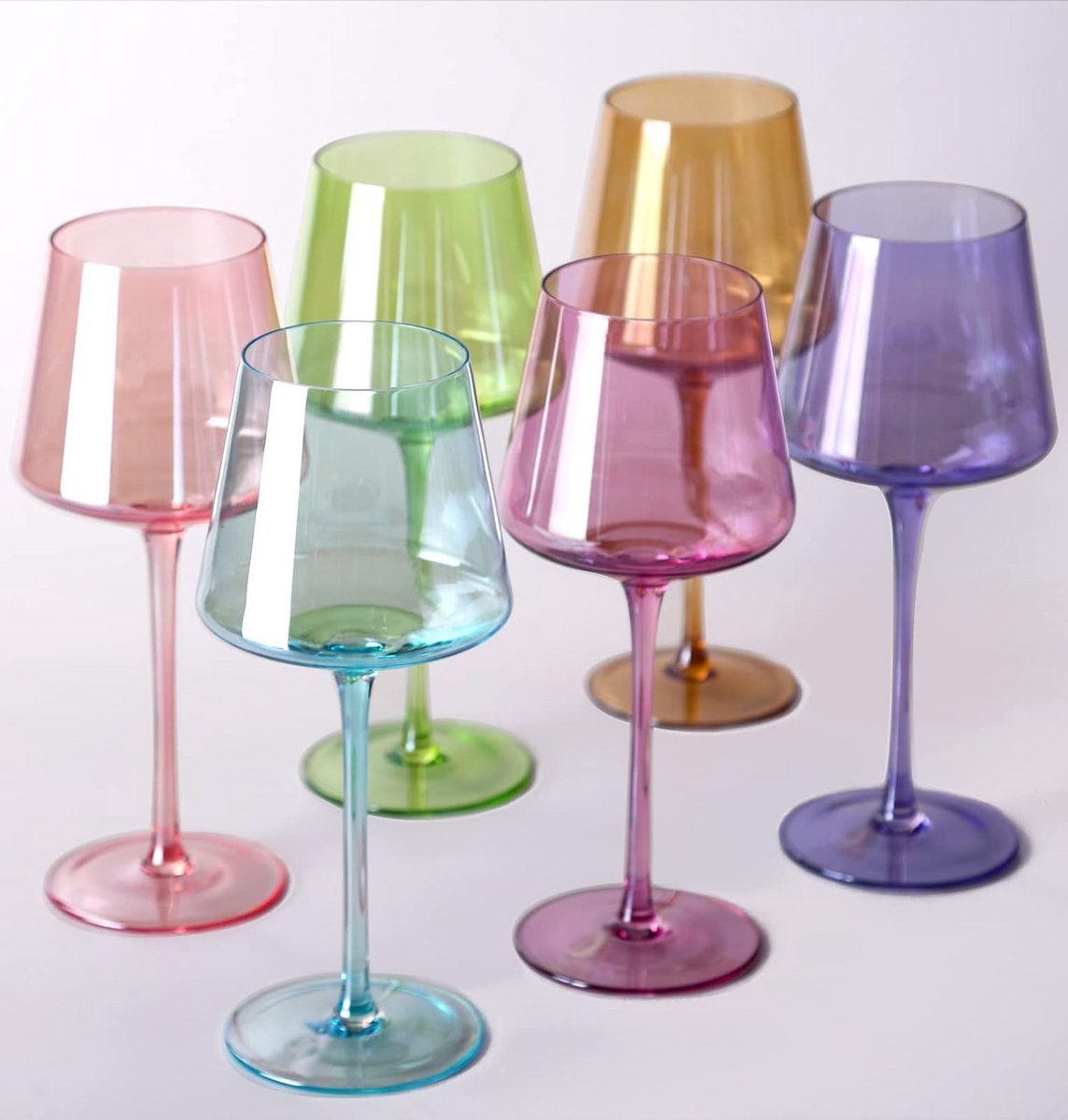 Set van 6 Gekleurde Wijnglazen met Lange Steel - Vierkant en Kristalhelder