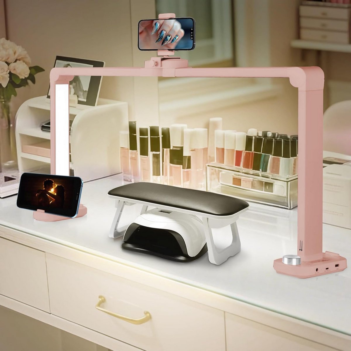 34 inch halve maan nageltafellamp 456 LED kralen mobiele telefoon houder 40W opvouwbaar dimbaar 3 kleurmodi 10 helderheid nageltechniek wimpers tattoo wenkbrauwen