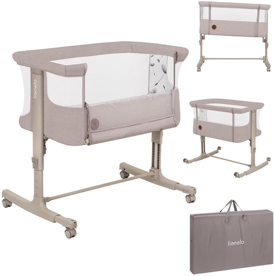 Beige co-sleeper, andere posities en transporttas.